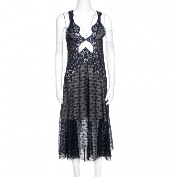 Pre Owned Stella McCartney Navy Blue Floral Lace Semi Sheer Sleeveless Midi Dress S