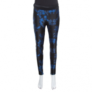 Pre Owned Stella McCartney Blue Floral Jacquard Patterned Stretch Tapered Trousers S