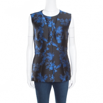 Pre Owned Stella McCartney Black and Blue Floral Jacquard Sleeveless Peplum Top M