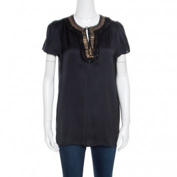 Pre Owned Stella McCartney Black Silk Satin Sequin Embellished Neck Tie Detail Top M