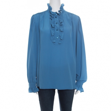 Pre Owned Stella McCartney Blue Silk Ruffle Trim Long Sleeve Meredith Blouse M