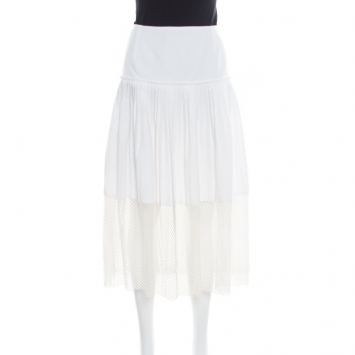 Pre Owned Stella McCartney White Cotton Pleated Mesh Hem Detail Midi Skirt M