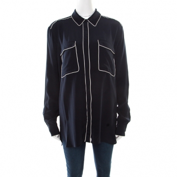 Pre Owned Stella McCartney Navy Blue Silk Crepe de Chine Eagle Embroidered Detail Shirt M
