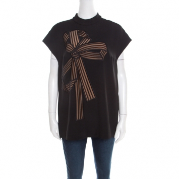Pre Owned Stella McCartney Black Bow Embroidered Cap Sleeve Boxy Blouse M