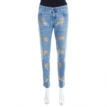 Pre Owned Stella McCartney Indigo Wild Cat Foil Printed Denim Skinny Ankle Jeans M