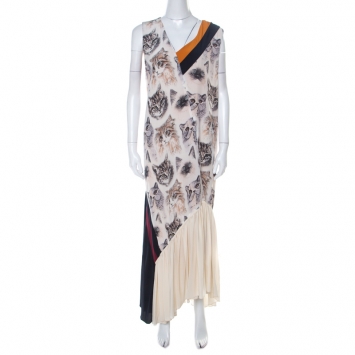 Pre Owned Stella McCartney Multicolor Cat Print Silk Asymmetric Hem Ilona Dress M