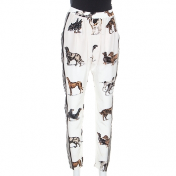 Pre Owned Stella McCartney White Striped Dog Print Silk Christine Pants S