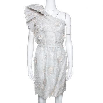 Pre Owned Stella McCartney Pale Grey Floral 3D Lace Rosea One Shoulder Dress M