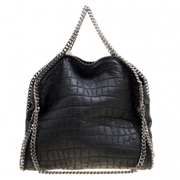 Pre Owned Stella McCartney Black Croc Embossed Faux Leather Small Falabella Tote