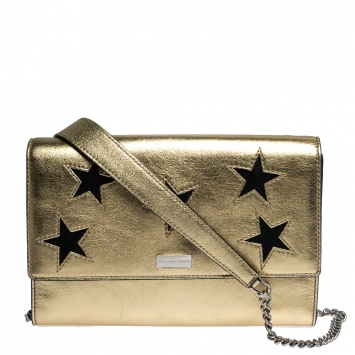 Pre Owned Stella McCartney Metallic Gold Faux Leather Star Flap Shoulder Bag