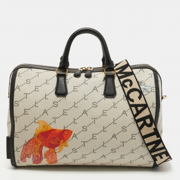 Pre Owned Stella McCartney Beige/Black Canvas and Faux Leather Boston Bag