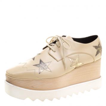 Pre Owned Stella McCartney Beige Faux Leather Elyse Star Platform Lace Up Derby Size 38