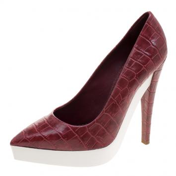 Pre Owned Stella McCartney Red Croc Embossed Faux Leather Platform Pumps Size 39