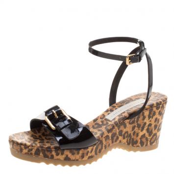 Pre Owned Stella McCartney Black Faux Patent Leather Linda Leopard Print Cork Wedge Sandals Size 38