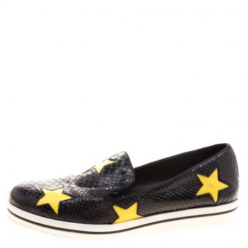 Pre Owned Stella McCartney Black Snake Effect Faux Leather with Yellow Star Appliqué Platform Slip On Sneakers Size 39