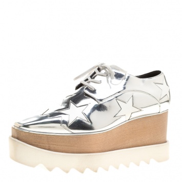 Pre Owned Stella McCartney Metallic Silver Faux Leather Indium Elyse Star Platform Derby Size 37