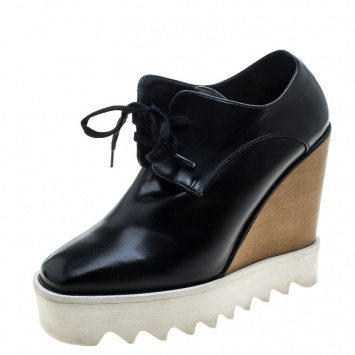 Pre Owned Stella McCartney Black Faux Leather Leana Wooden Wedge Lace Up Derby Size 36