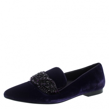 Pre Owned Stella McCartney Purple Velvet Crystal Embellished Smoking Slippers Size 38.5
