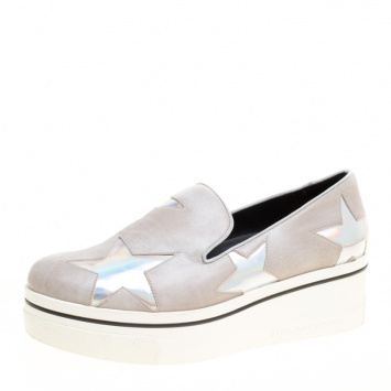 Pre Owned Stella McCartney Beige Faux Leather Binx Star Platform Slip On Sneakers Size 38