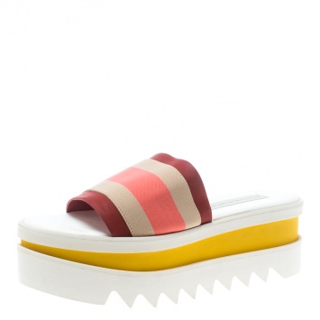 Pre Owned Stella McCartney Red Color Block Canvas Platform Slides Size 38