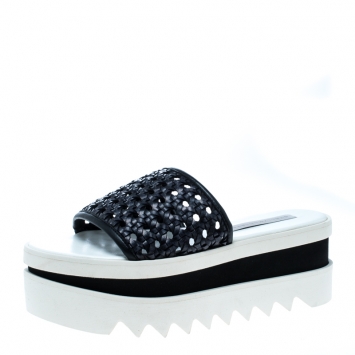 Pre Owned Stella McCartney Black Faux Woven Leather Wicker Platform Slides Size 37