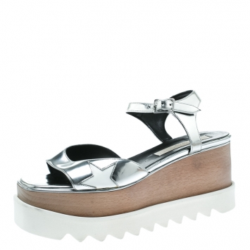 Pre Owned Stella McCartney Silver Faux Leather Indium Elyse Star Wedge Sandals Size 38