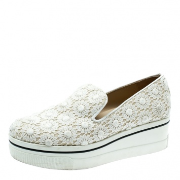 Pre Owned Stella McCartney White Lace/Canvas Slip On Sneakers Size 38