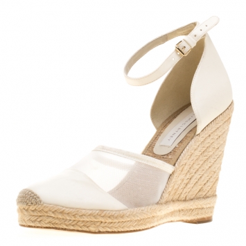Pre Owned Stella McCartney White Mesh And Faux Leather Espadrille Ankle Strap Wedge Sandals Size 40