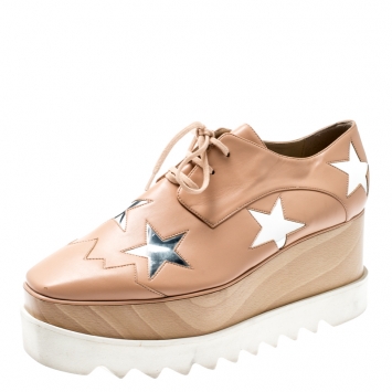 Pre Owned Stella McCartney Beige Faux Leather Elyse Star Platform Lace Up Derby Size 38.5