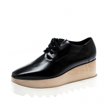 Pre Owned Stella McCartney Black Faux Patent Leather Elyse Platform Derby Size 37.5