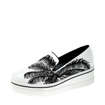 Pre Owned Stella McCartney Monochrome Faux Leather Binx Palm Tree Embroidered Platform Slip On Sneakers Size 38
