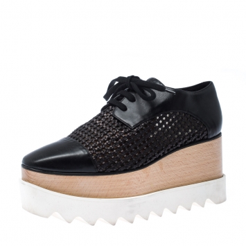 Pre Owned Stella McCartney Black Woven Faux Leather Elyse Platform Derby Size 35