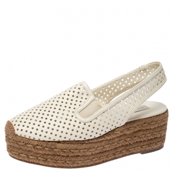 Pre Owned Stella McCartney White Perforated Faux Leather Slingback Espadrilles Platform Sandals Size 38
