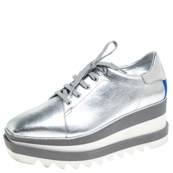 Pre Owned Stella McCartney Silver Metallic Faux Leather Elyse Platform Derby Size 38