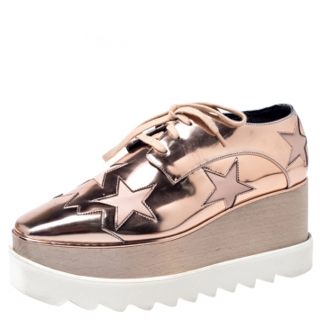 Pre Owned Stella McCartney Metallic Bronze Faux Patent Leather Elyse Star Platform Sneakers Size 37