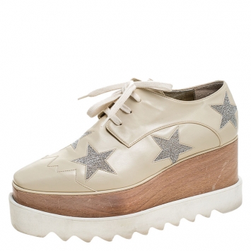 Pre Owned Stella McCartney Beige Faux Leather Elyse Star Platform Lace Up Derby Size 37