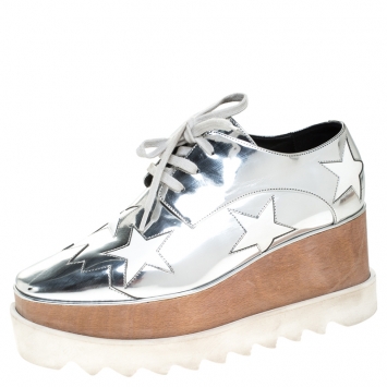 Pre Owned Stella McCartney Silver Metallic Faux Leather Indium Elyse Star Platform Derby Size 36