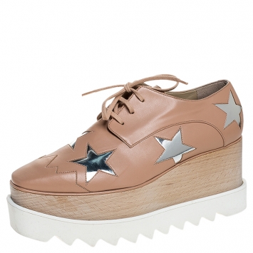 Pre Owned Stella McCartney Beige/Silver Faux Leather Elyse Star Platform Lace Up Derby Size 36.5