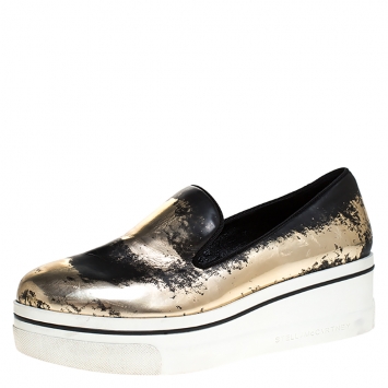 Pre Owned Stella McCartney Bronze/Black Leather Binx Platform Slip On Sneakers Size 38