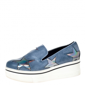Pre Owned Stella McCartney Blue Faux Leather Binx Star Slip-On Platform Sneakers Size 36