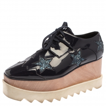 Pre Owned Stella McCartney Blue Faux Patent Leather And Glitter Elyse Star Platform Derby Sneakers Size 37