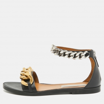 Pre Owned Stella McCartney Black Faux Leather Chain Link Ankle Strap Flat Sandals Size 38