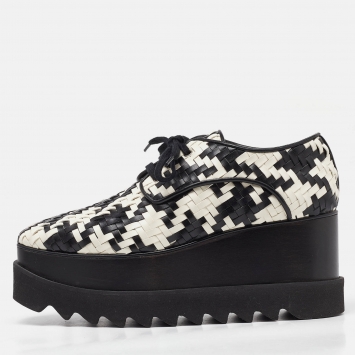 Pre Owned Stella McCartney White/Black Faux Woven Leather Elyse Houndstooth Wedge Platform Sneakers Size 37