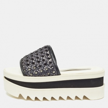 Pre Owned Stella McCartney Black Faux Woven Leather Wicker Platform Slides Sandals Size 36