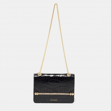Pre Owned Strathberry Black Croc Embossed Leather Mini East/West Shoulder Bag