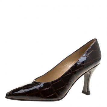 Pre Owned Stuart Weitzman Brown Patent Croc Embossed Leather Pumps Size 38.5