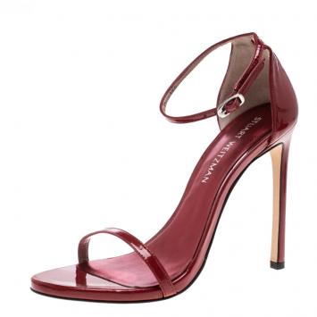 Pre Owned Stuart Weitzman Red Patent Leather Nudist Sandals Size 39.5