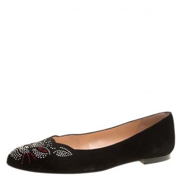Pre Owned Stuart Weitzman Black Suede Crystal Embellished Kittycat Flats Size 40