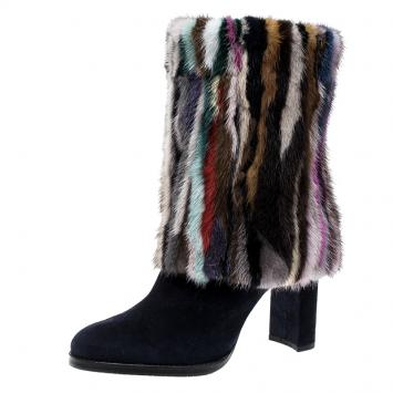 Pre Owned Stuart Weitzman Multicolor/Navy Blue Mink Fur/Faux Fur and Suede Boots Size 39.5