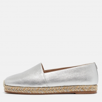 Pre Owned Stuart Weitzman Silver Leather Espadrille Flats Size 36